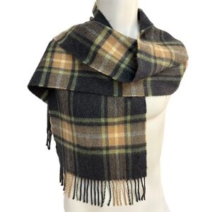John Hanly 🇮🇪 Irish Wool Plaid Scarf – Green Brown & Tan Check